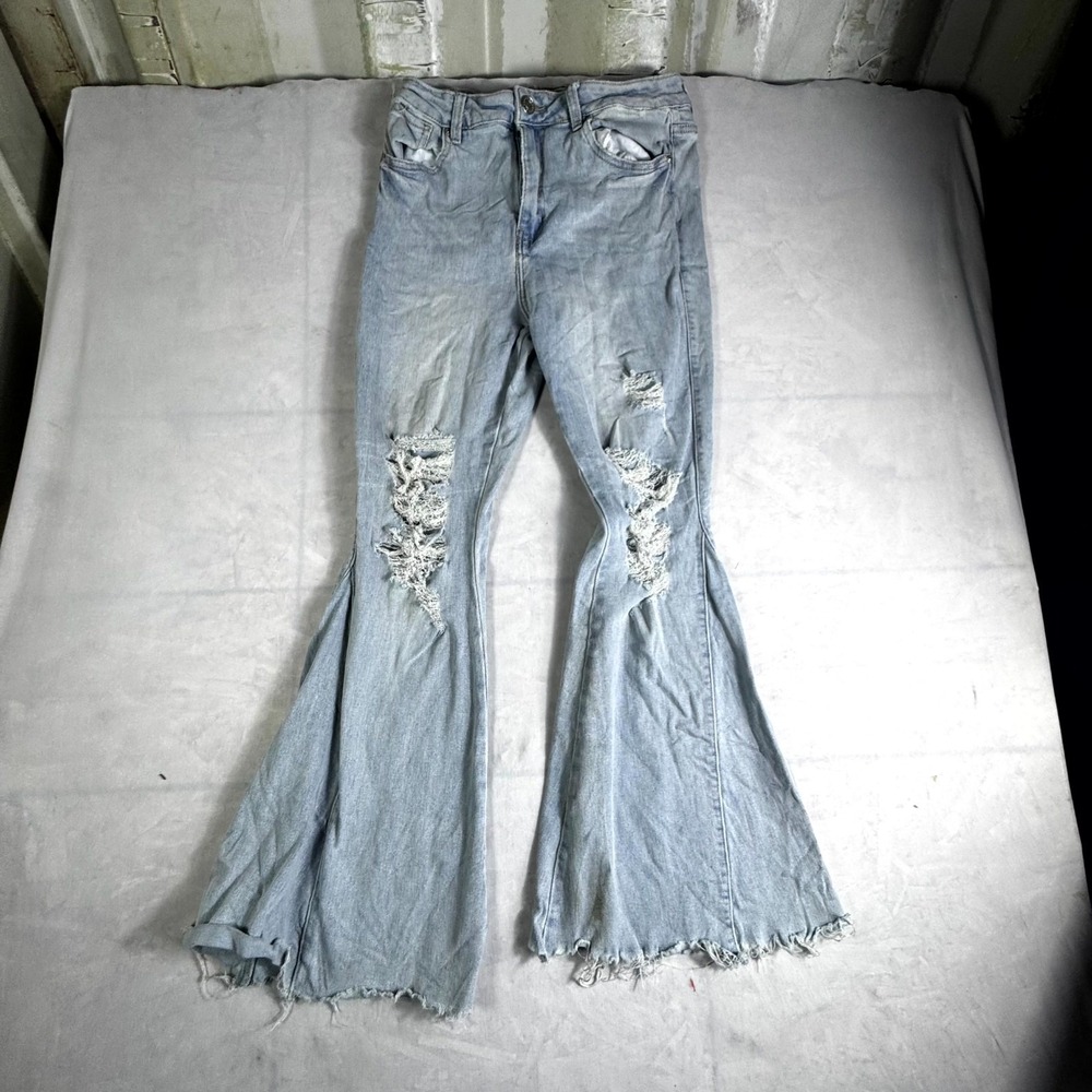 Refuge Super Flare Jeans Womens W26 Blue Denim Medium Wash Distressed Frayed Hem